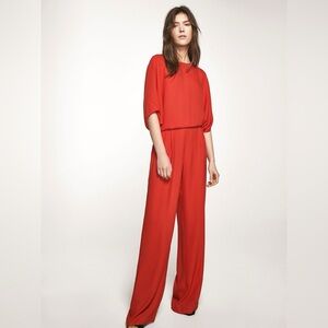 Massimo Dutti Retro Open Back Red Faux Silk Jumpsuit with Pockets